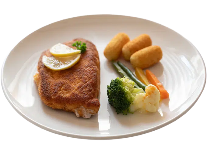 Cordon bleu mit Kroketten und Gemüse